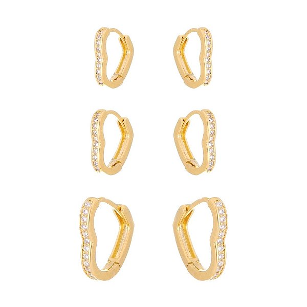 Kit brinco coração cravejado c/ zirc banhado a ouro 18k