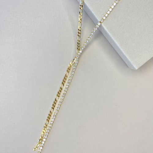 Colar gravata corrente com fio de zircônias banhado a ouro 18k