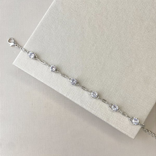 Pulseira corrente com 6 zircônias banhado a ródio branco