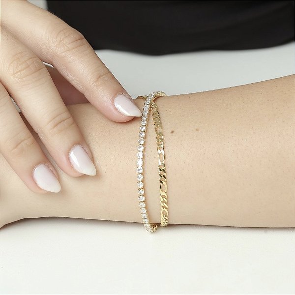 Pulseira corrente com fio de zircônias banhado a ouro 18k