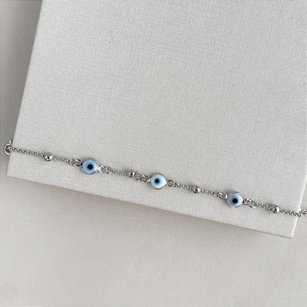 Tornozeleira olho grego com esferas banhada a ródio branco