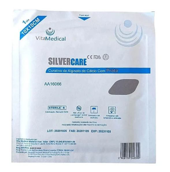 Curativo Alginato de Cálcio e Prata - 10x10cm - 1 un - Silvercare - Vita Medical