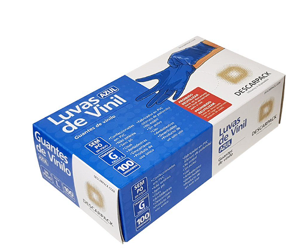 Luva Descartável de Vinil  - Tamanho G - Cor Azul - Sem Pó  com 100 Unidades - Descarpack