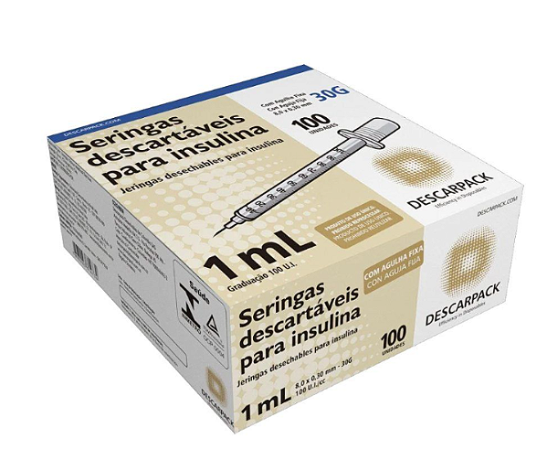 Seringa de Insulina 1ml com Agulha Fixa - 8,0 X 0,30mm - 30g - Descarpack