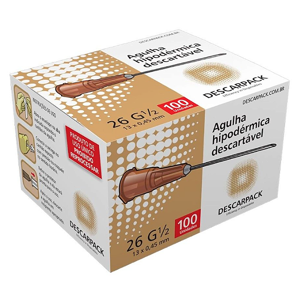 Agulha Hipodérmica Descartável 13 x 0,45mm - 100Un - Descarpack