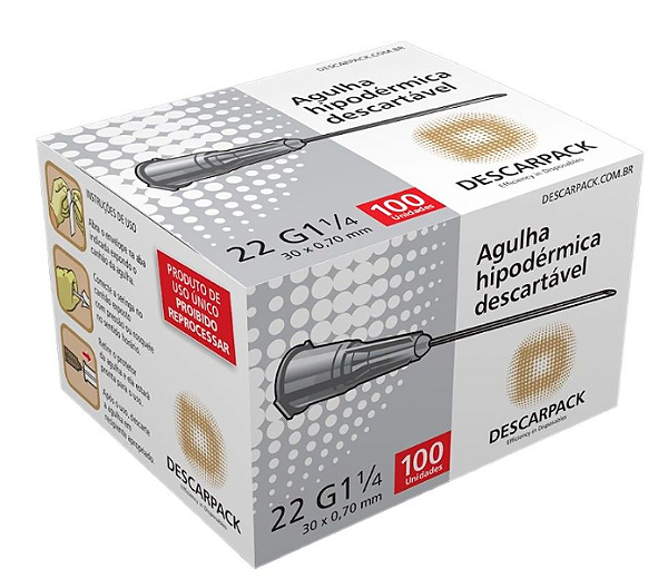Agulha Hipodérmica Descartável 30 x 0,70mm - 100Un - Descarpack
