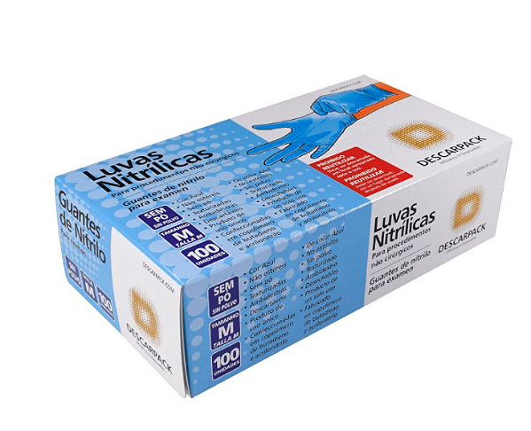 Luva Nitrílica Powder Free - Tamanho M - Cor Azul - 100Un - Descarpack