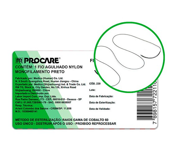 Fio de Sutura Agulhado de Nylon 2/0 - 20mm - 3/8 - 24un - Procare