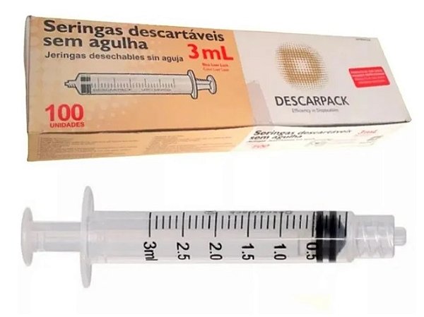 Seringa Descartável Luer Lock Estéril - 3 ml - 100 unidades - Descarpack