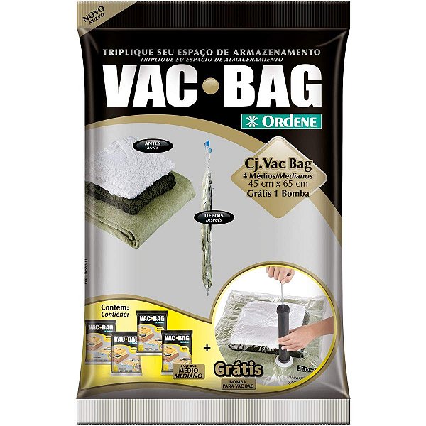 Saco a Vácuo, Vac Bag, Contém 4 Sacos Médios+ Bomba Plástica