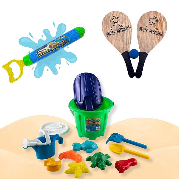 Kit Brinquedo de Praia com Balde RB06 Lança Água e Raquete