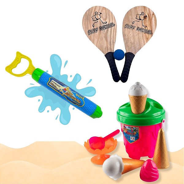 Kit Brinquedo de Praia com Balde RB19 Lança Água e Raquete