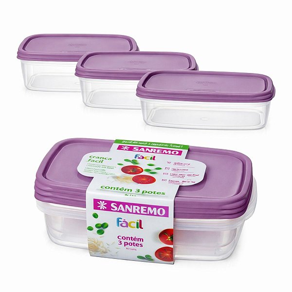 Kit 3 Potes Plásticos 1,8L Sanremo Com Tampa Vedação Segura