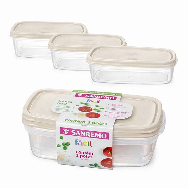 Kit 3 Potes Plásticos 1,8L Sanremo Com Tampa Vedação Segura