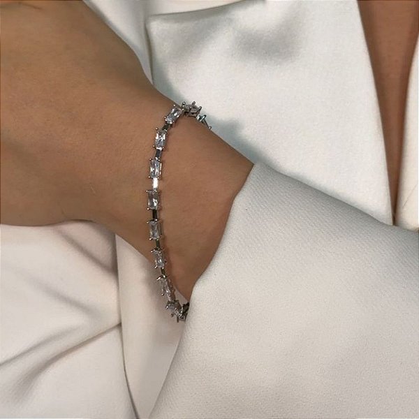 BRACELETE BAGUETE EM RÓDDIO BRANCO