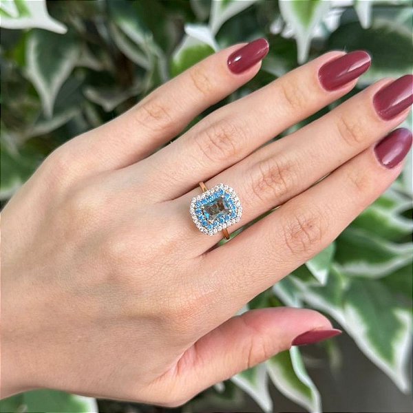 ANEL TURMALINA AZUL CRAVEJADO EM BANHO DE OURO 18K