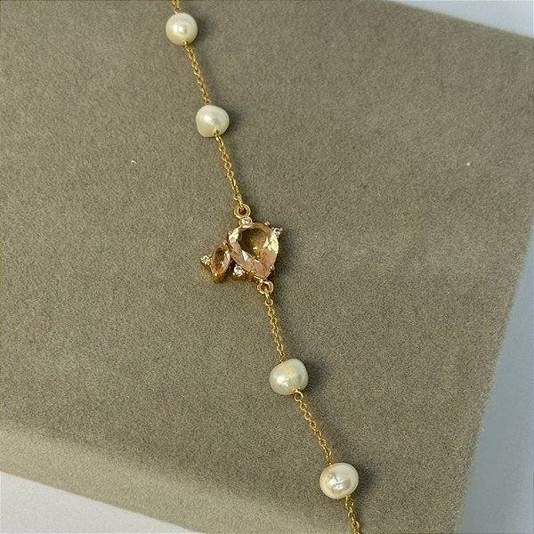 PULSEIRA TURMALINA ROSA COM PEROLAS BARROCAS
