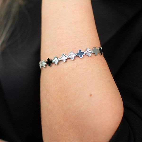 BRACELETE TREVO EM BANHO DE RÓDIO BRANCO