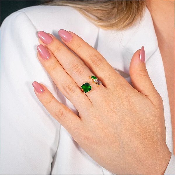 ANEL PEDRA VERDE E AMETISTA EM BANHO DE OURO 18K