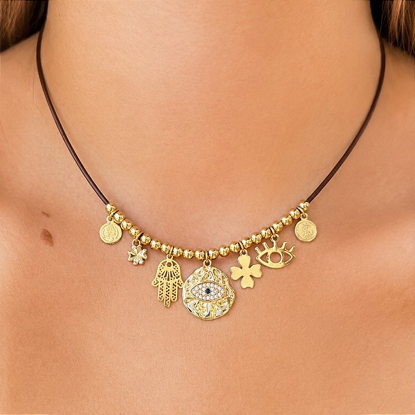 COLAR COURO PINGENTES EM BANHO DE OURO 18K