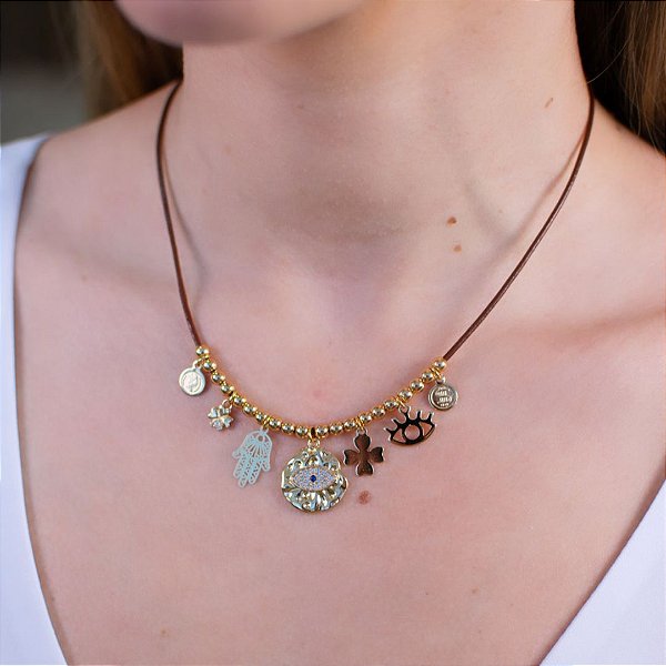 COLAR COURO PINGENTES EM BANHO DE OURO 18K