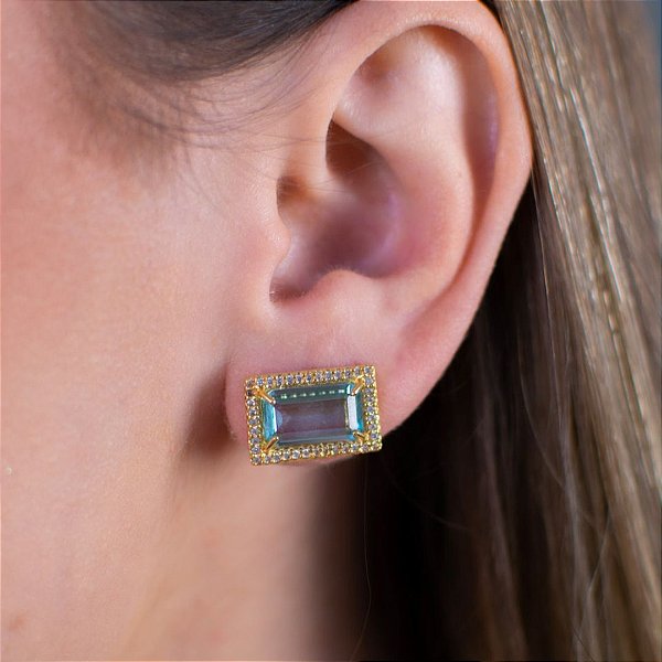 BRINCO TOPÁZIO AZUL RETANGULAR CRAVEJADO