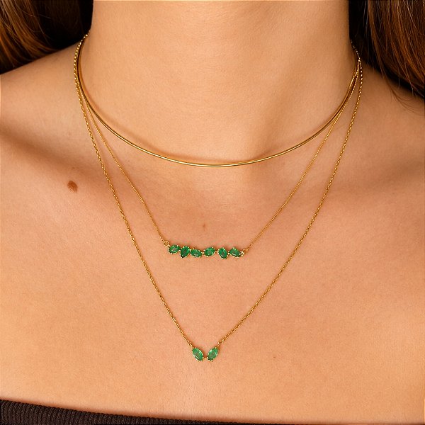 COLAR DOIS NAVETES VERDE JADE EM BANHO DE OURO 18K