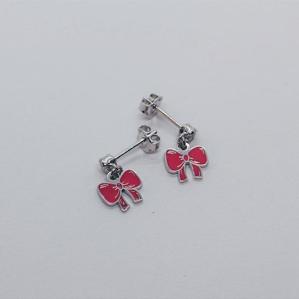 Brinco Laço Rosa Ródio Branco