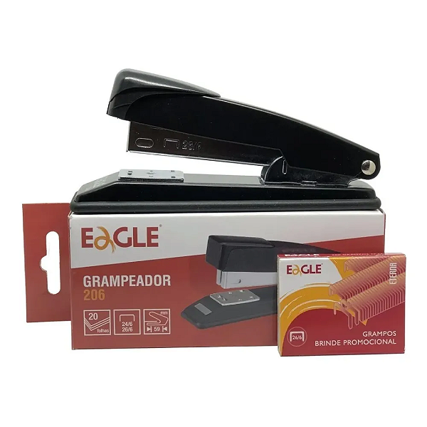 Grampeador Metálico 206 Eagle + 500 Grampos 26/6 - Preto