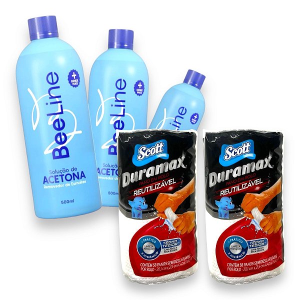 Kit Removedor acetona Bee Line 500ml Toalha em Rolo Multiuso Duramax 58 panos