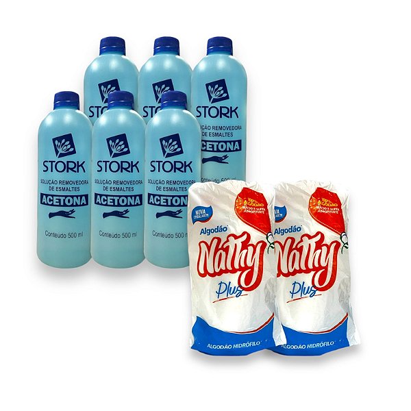 Kit Removedor acetona Stork 500ml Algodão Nathy Hidrófilo Rolo 250g