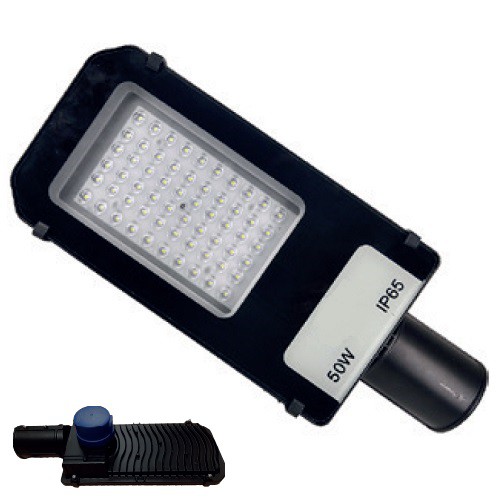 Luminária LED pública 50W preta SMD com sensor fotocélula 6500K IP65.