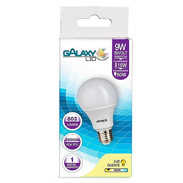 Lâmpada Led Bulbo A60 9W 3000K E27 Bivolt 1007R - Galaxy Led.