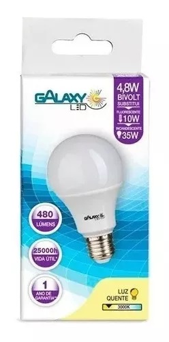 Lâmpada Led Bulbo A55 4,8W 3000K E27 Bivolt 1001R - Galaxy Led.
