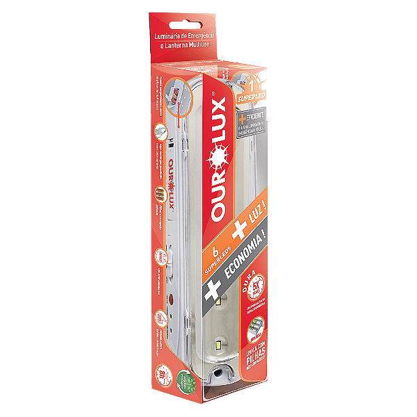 Luminária de Emergência 06 Superleds com Pilhas recarregáveis 1W 6400k.