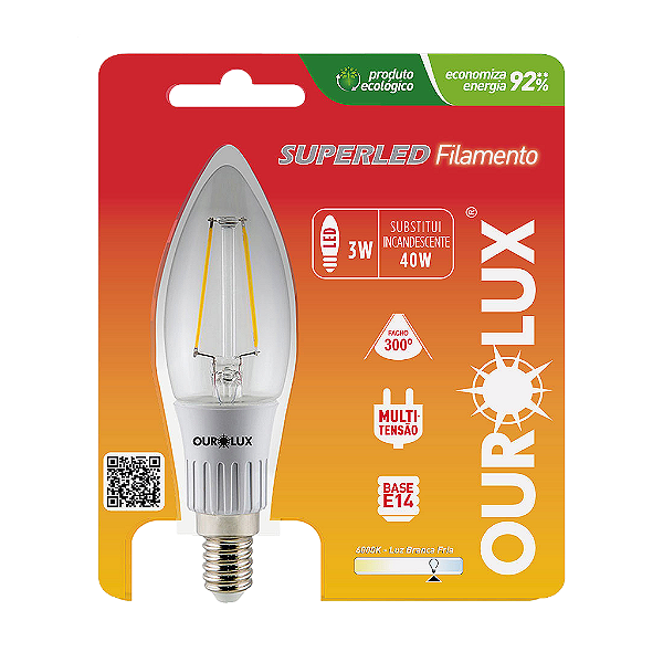 Lâmpada Superled Vela Filamento Clara E14 3W bivolt 6000K.