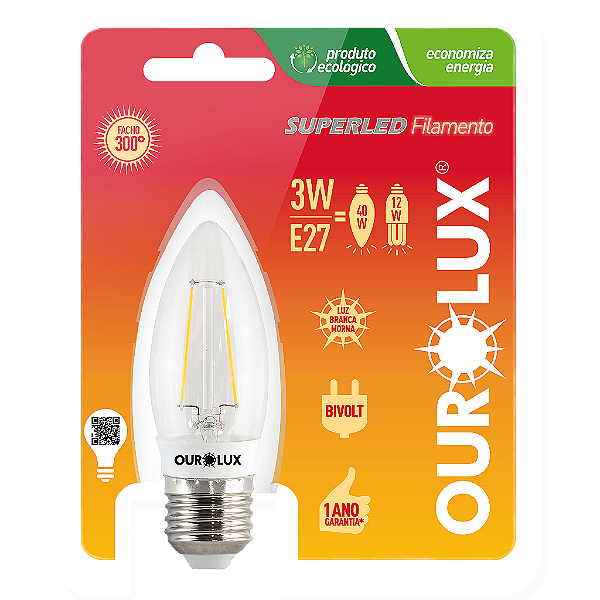 Lâmpada Superled Vela Filamento Clara E27 3W bivolt 2700K.