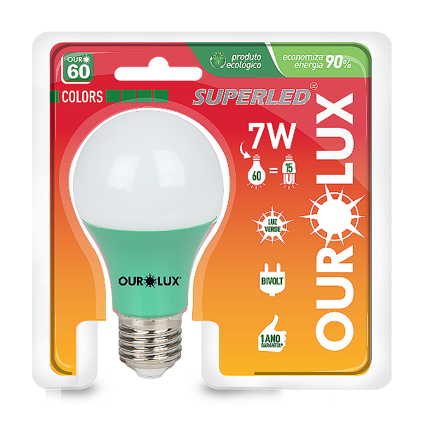 Lâmpada Superled Ouro 60 Colors 7W bivolt Verde IP66.