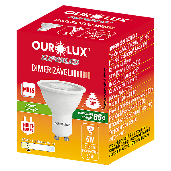 Lâmpada Superled MR-16 6W bivolt dimerizável 2700K 36°.