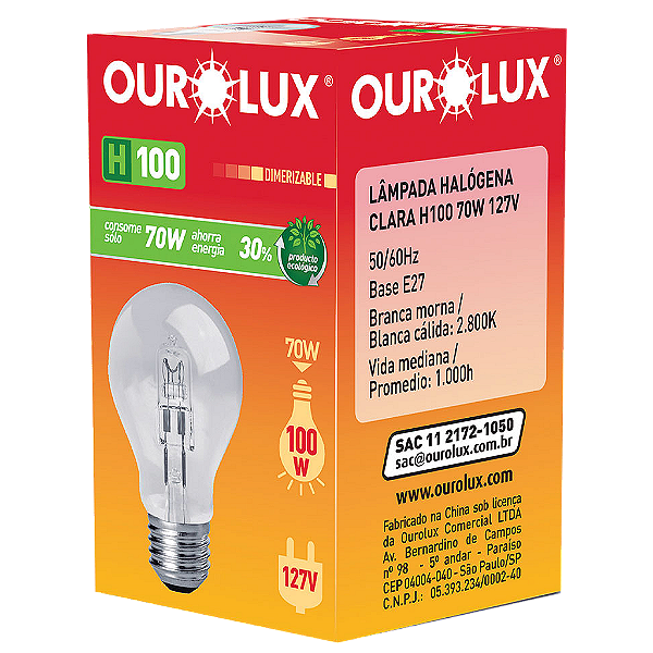 Lâmpada Eco Halógena Clara H100 70W 127V.