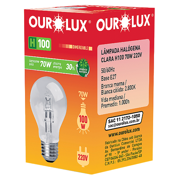 Lâmpada Eco Halógena Clara H100 70W 220V.