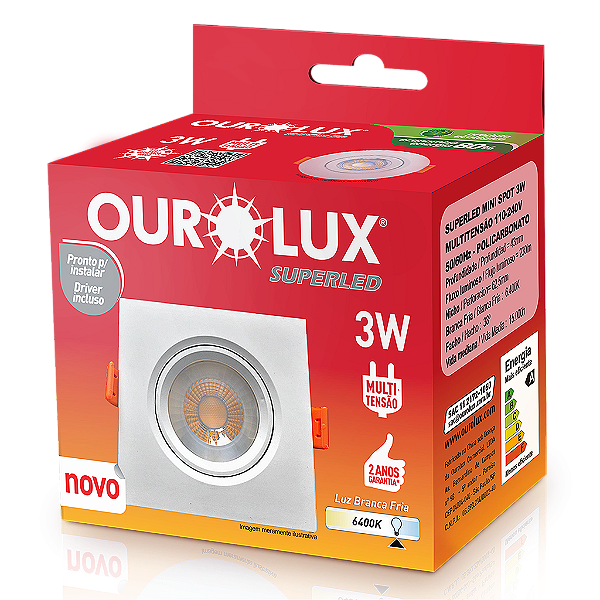 Superled Mini Spot 3W 6400K quadrado bivolt.