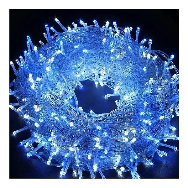 Pisca de Natal 100 Leds Azul 8 Funções 10 Metros fio transparente 220V.