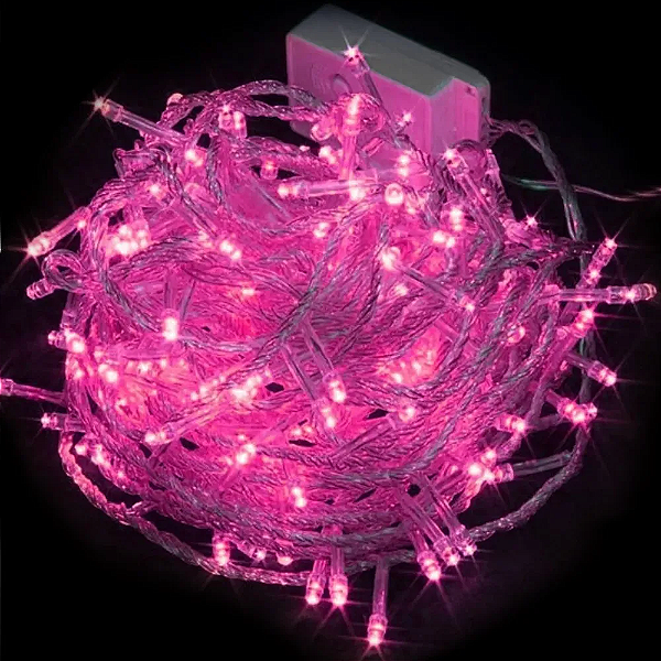 Pisca de Natal 100 Leds Rosa 8 Funções 10 Metros fio transparente 220V.
