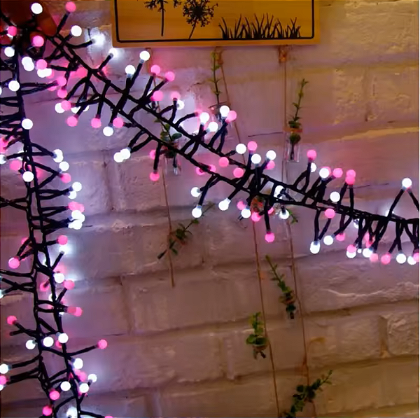 Pisca Festão 400 LEDS bolinha branco e rosa bivolt 3 metros IP65 com memória.