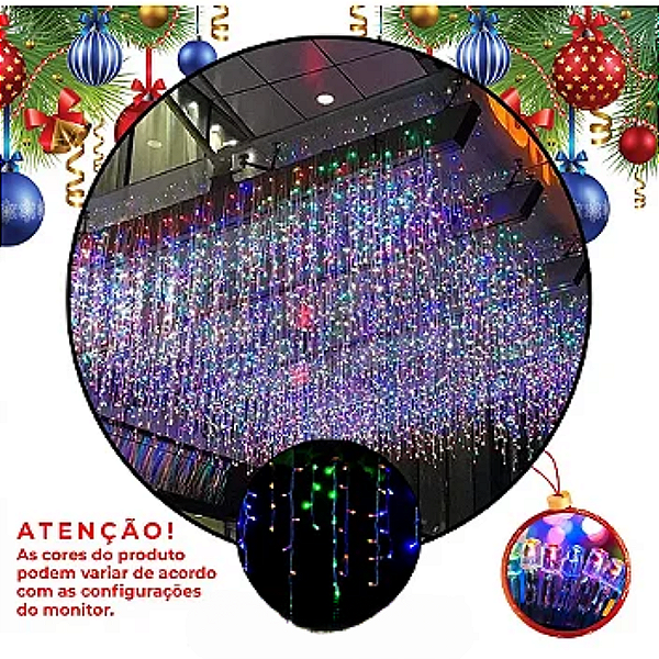 Cascata De Natal 100 LEDS foscos cores sortidas 8 Funções tomada macho / fêmea 3,00m 220V.