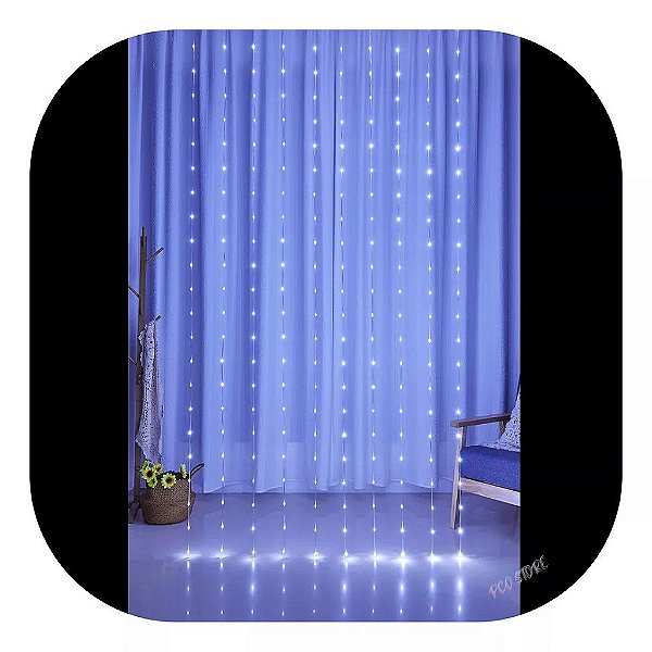 Cortina com 360 LEDs Branco Frio 8 funções fio de Fada PVC 3m x 3m bivolt.