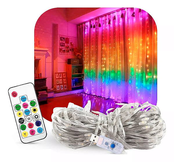 Cortina com 280 LEDs multifunções colorido com controle 3m x 2m bivolt.
