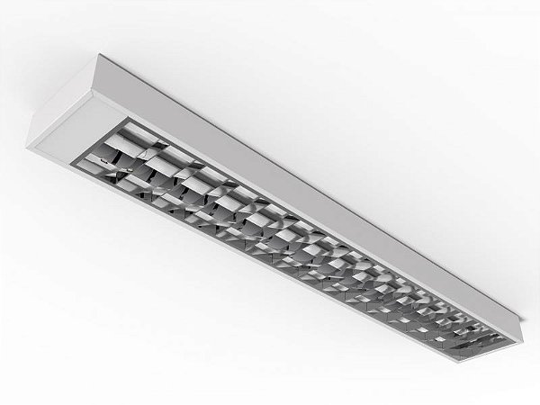 Luminária sobrepor alto rendimento aletas parabólicas duplas abertura 200 milímetros para 2 lâmpadas 9/10W 60cm.