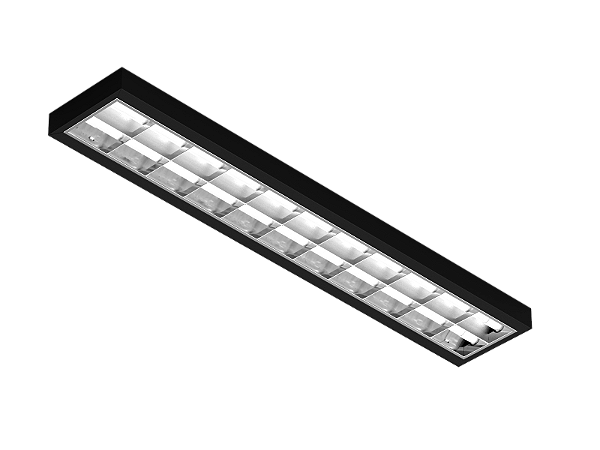 Luminária de sobrepor preta alto rendimento com aletas parabólicas duplas para 2 lâmpadas 9/10W 60cm.
